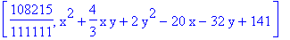 [108215/111111, x^2+4/3*x*y+2*y^2-20*x-32*y+141]